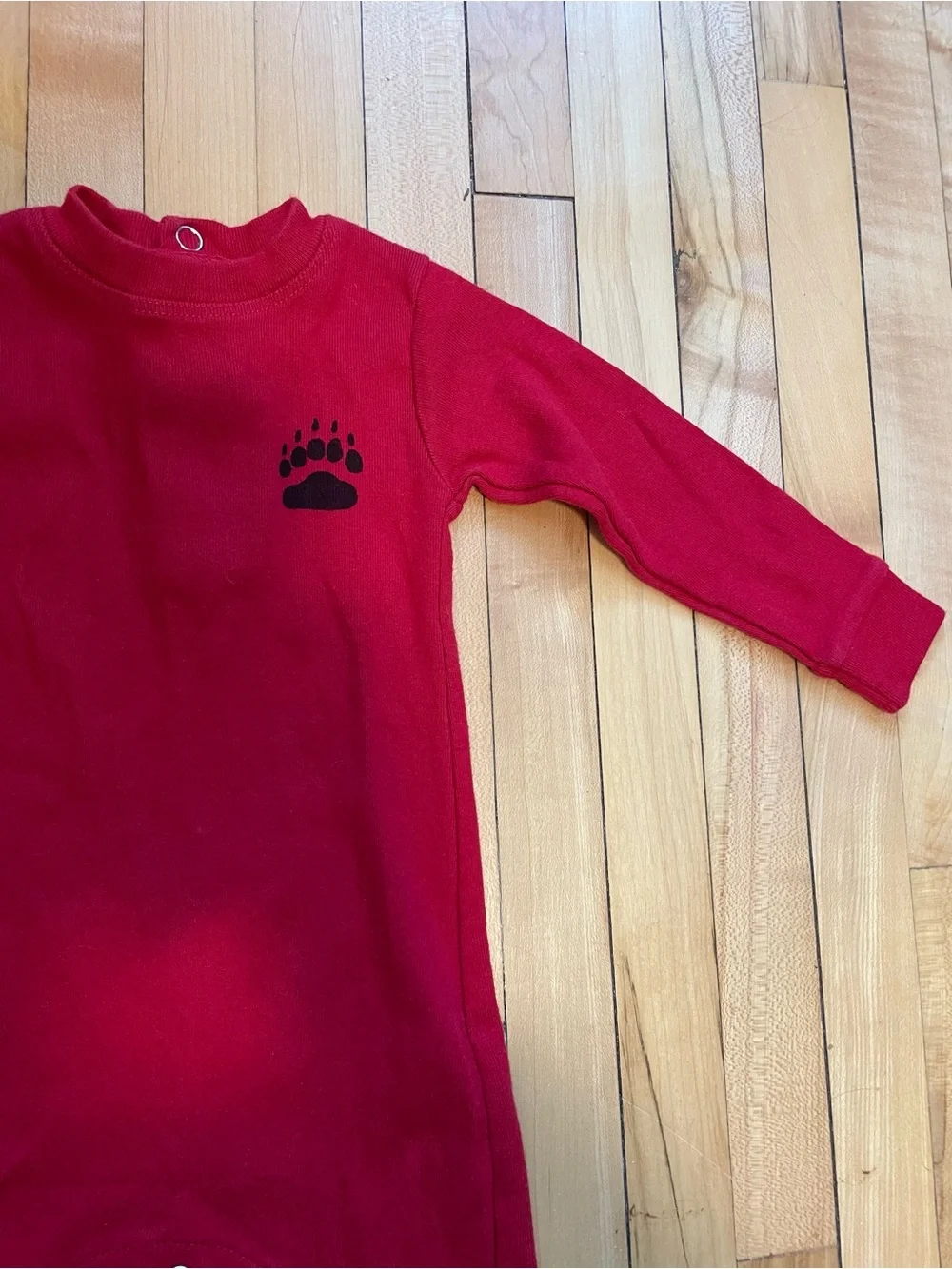 Lazy One Bear Bottoms red cotton baby onesie with black bear graphic Flap Jack